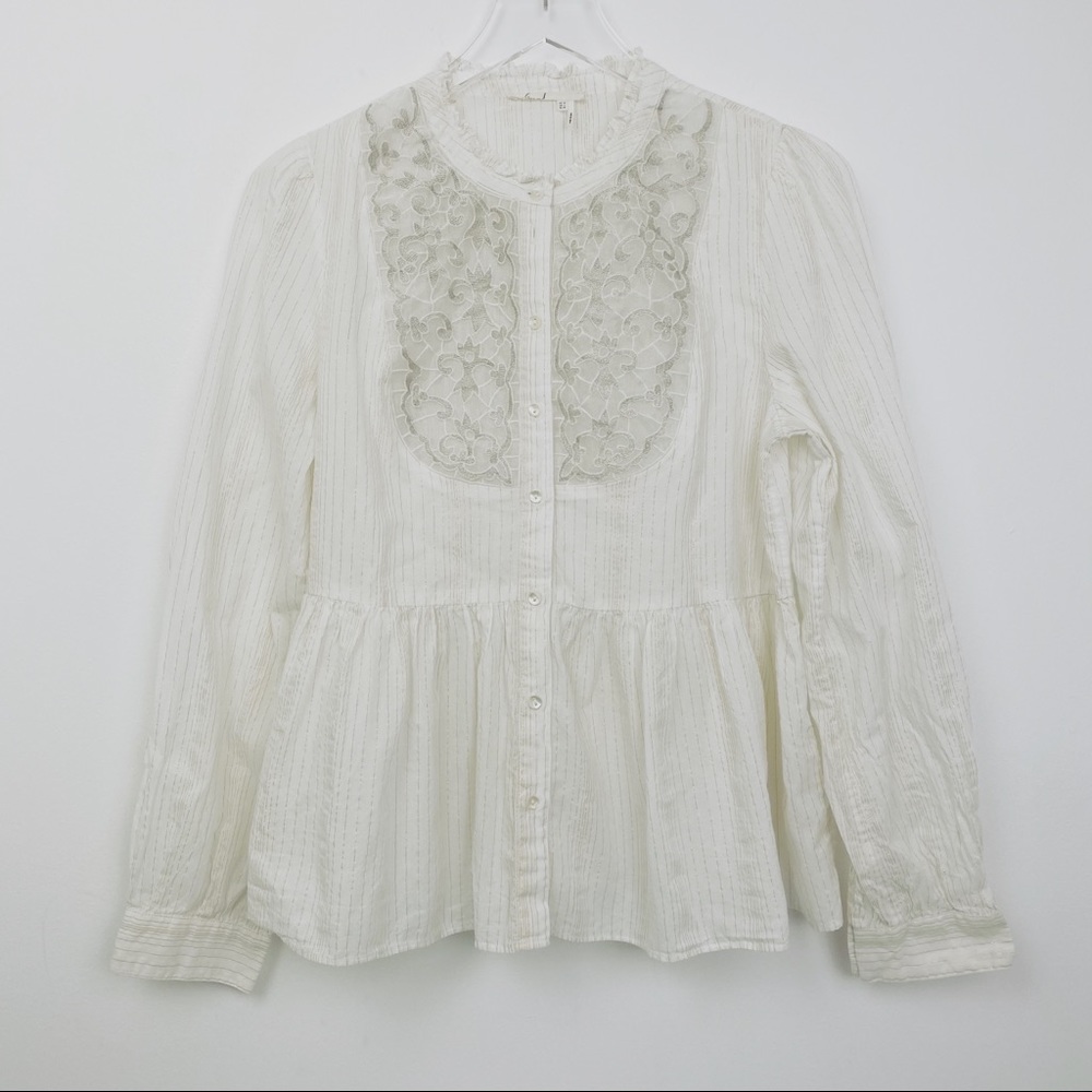 Anthropologie Cream Embroidered Peplum Blouse - Picture 2 of 11